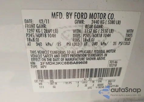 2011 Ford Edge Limited z USA, uszkodzony, nr VIN 2FMDK3KC8BBA89608